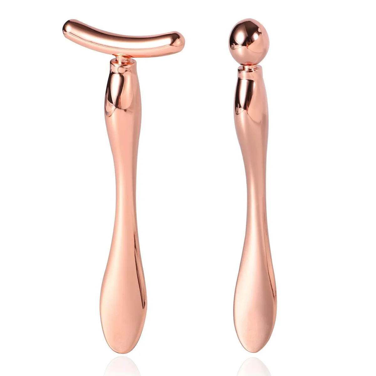 Two gold metal eye-cream applicators with smooth fixed roller balls, each 1.38 by 1.38 by 3.78 inches