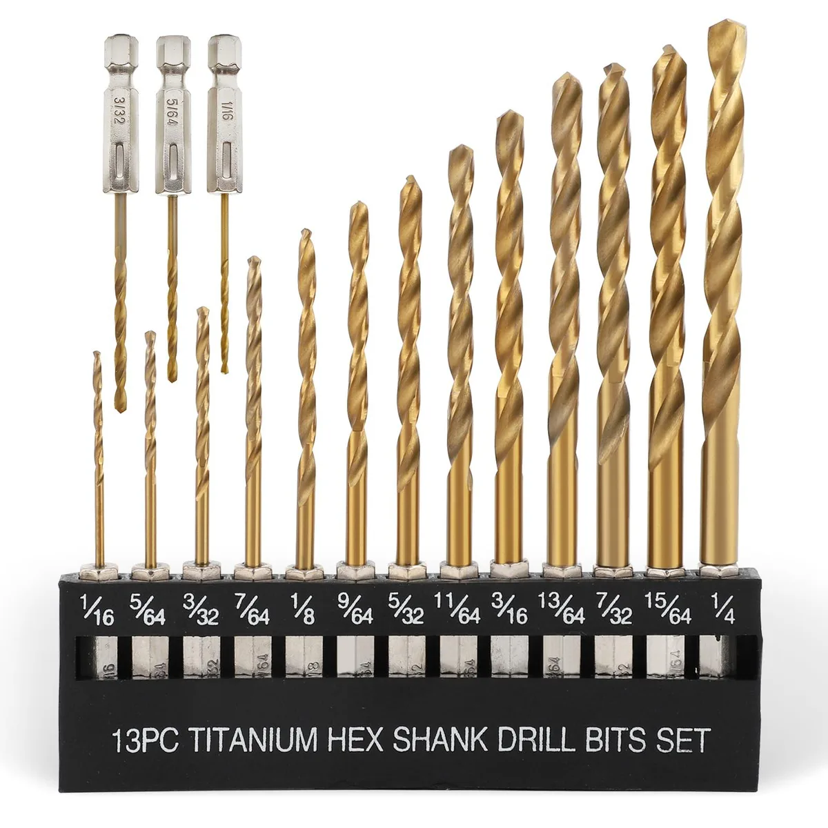 Sixteen titanium-coated drill bits in a chrome holder