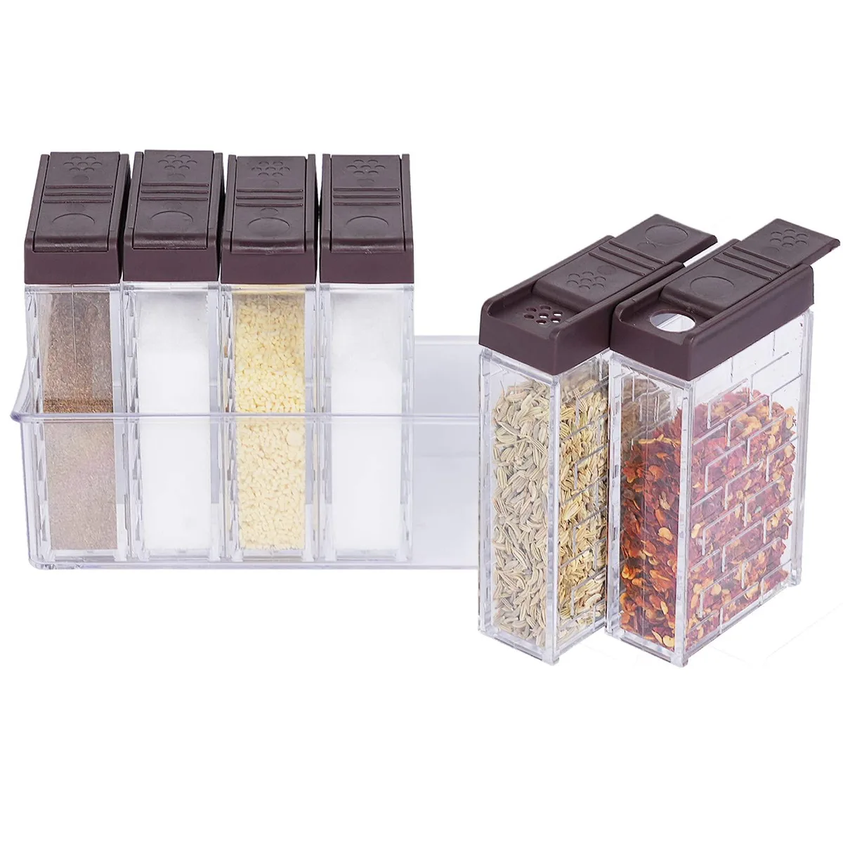 Six gray rectangular plastic spice jars with shaker lids on a tray