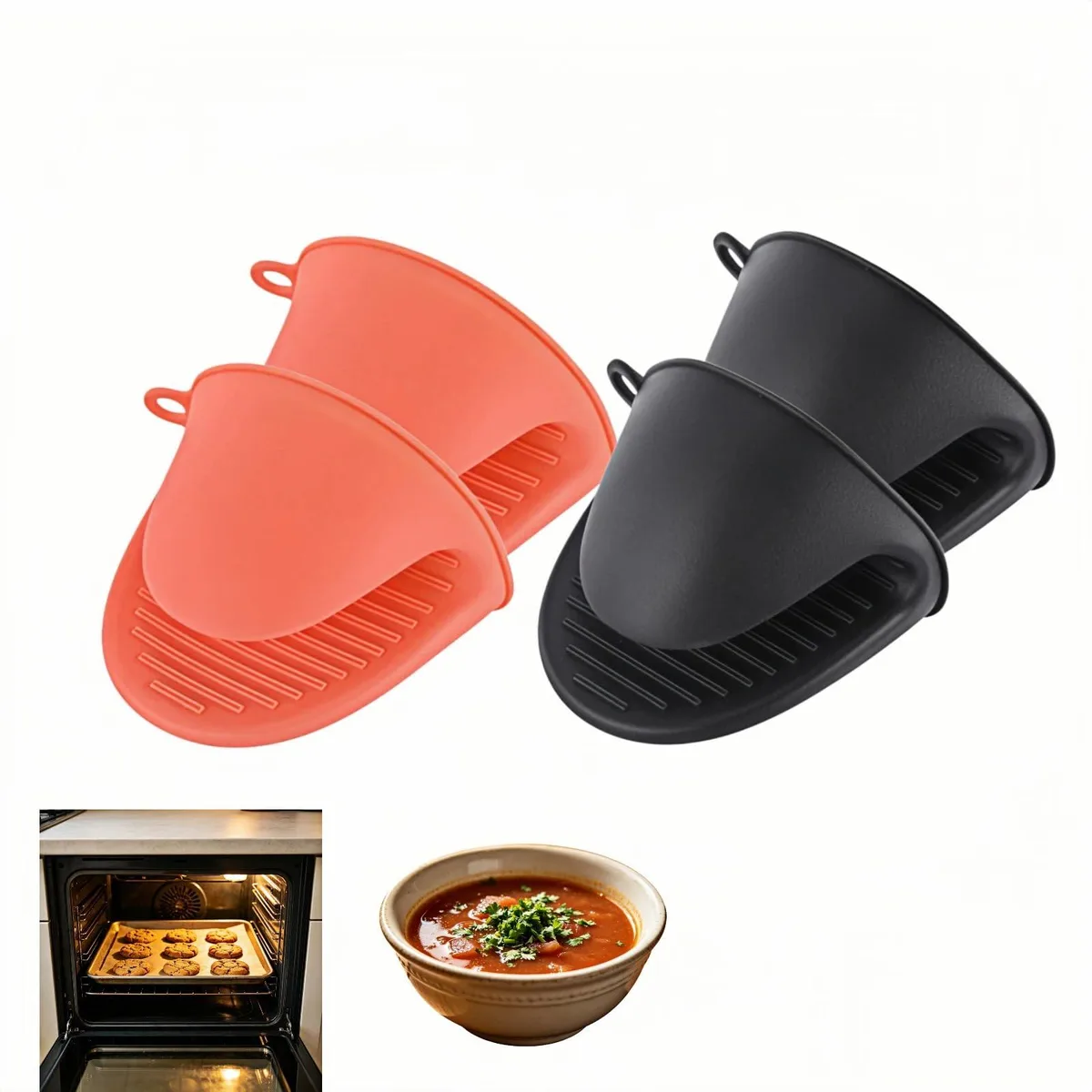  BUBBLE-FLY Silicone Mini Oven Mitts Pinch Grips 2 Pair 446°F Black Orange — product photo