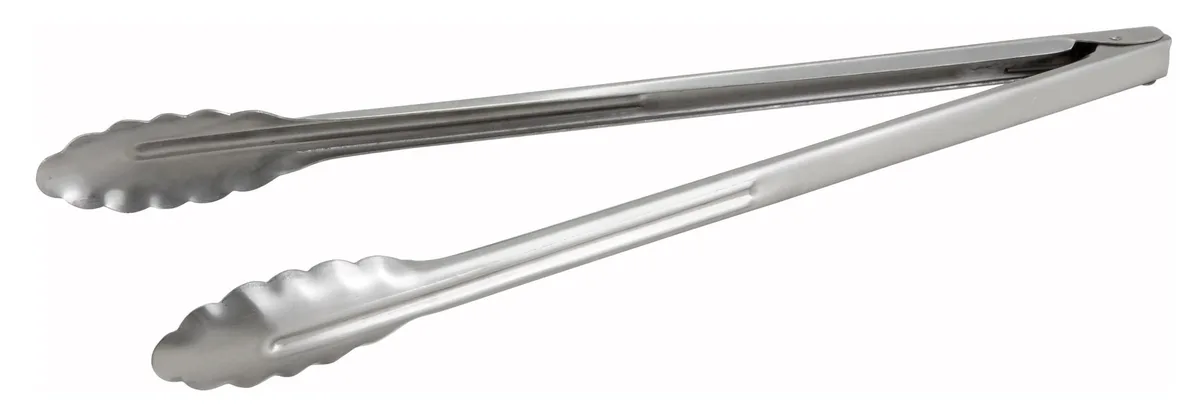 16-inch stainless steel utility tong with coiled spring and scalloped edges