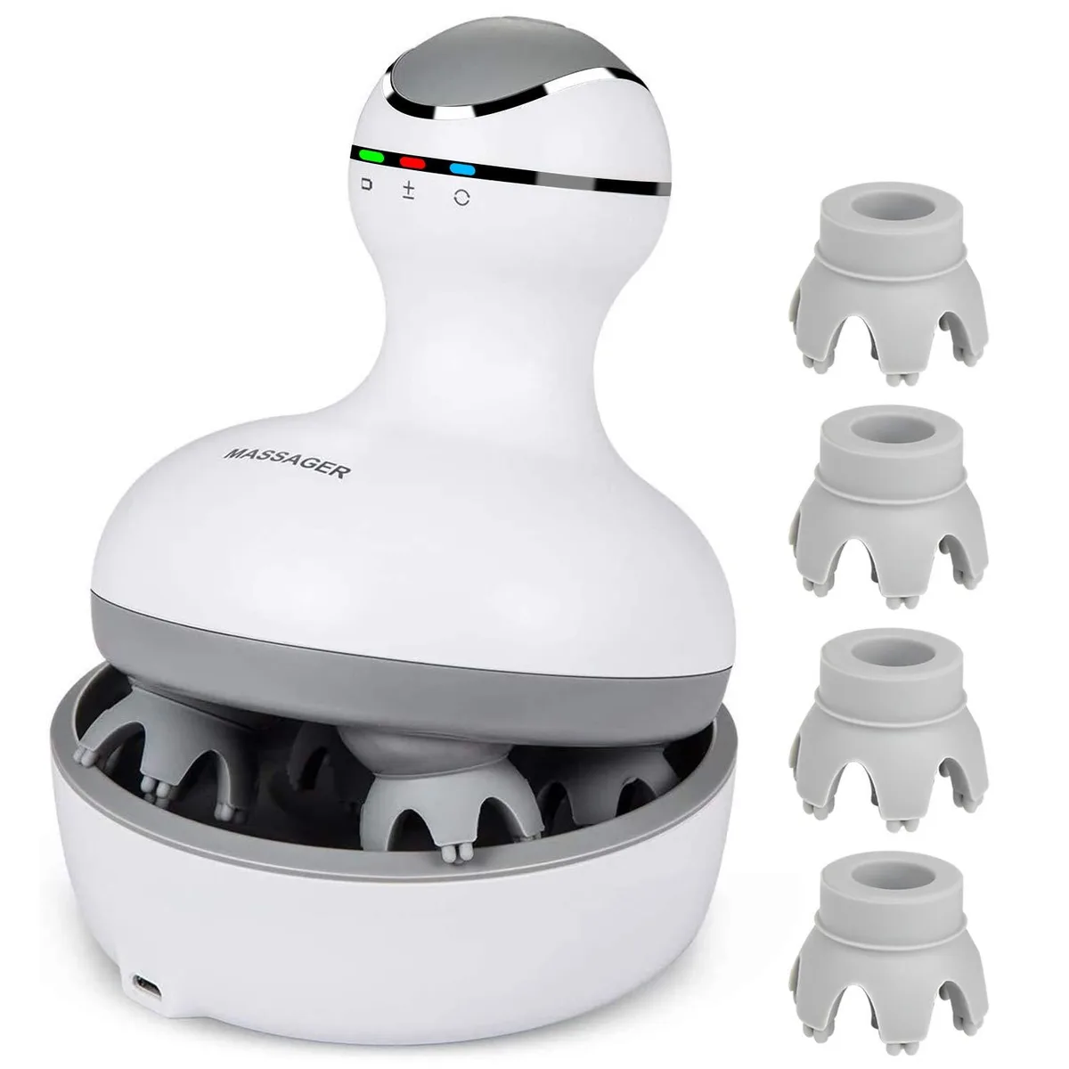 White cordless scalp massager with four rotating heads, compact rounded body, smooth plastic finish