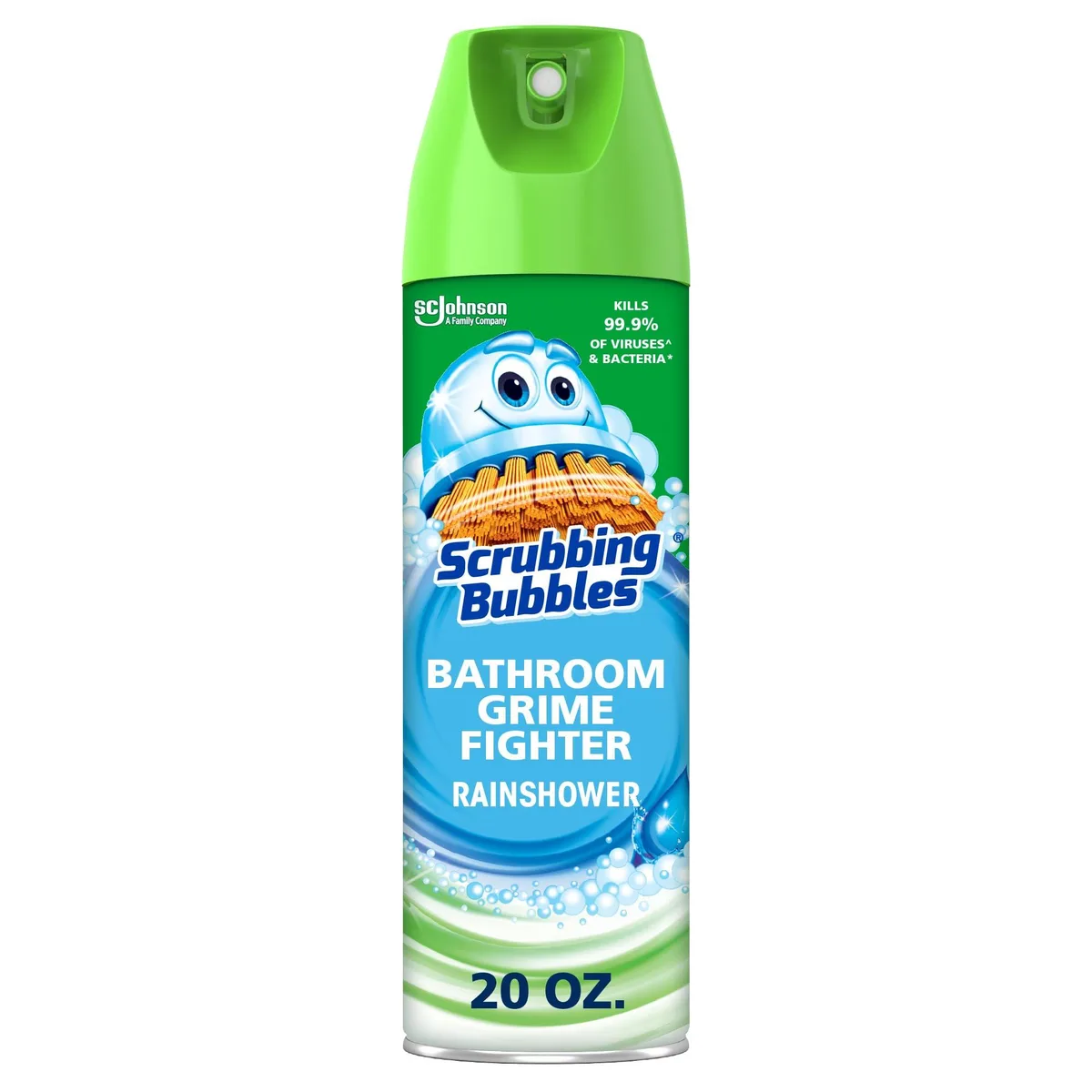 Blue aerosol can labelled Scrubbing Bubbles Rainshower 20oz