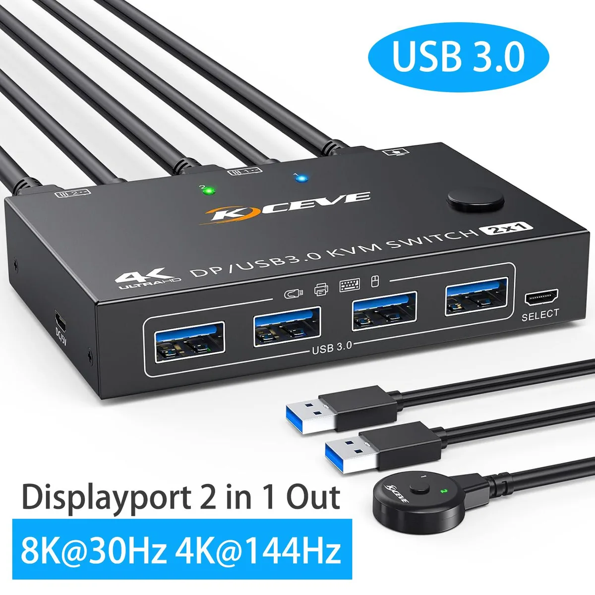 Hitoor Hitoor DisplayPort 1.4 KVM Switch 2 PC 1 Monitor 8K30 4K120 Wired Remote — product photo
