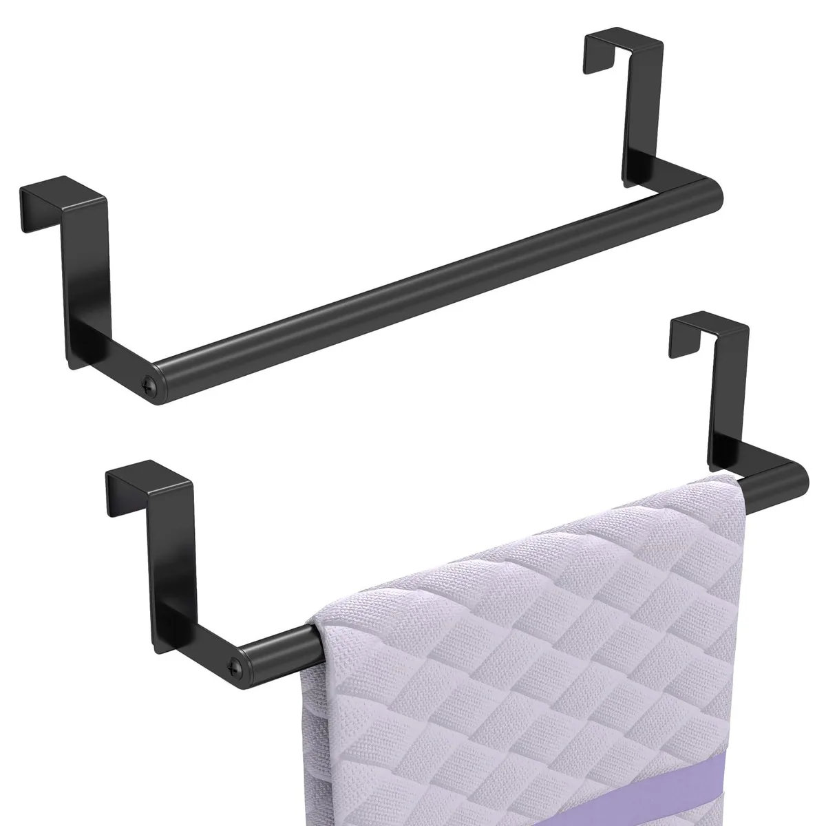 Two black stainless steel towel bars with foam-padded hooks for cabinet doors