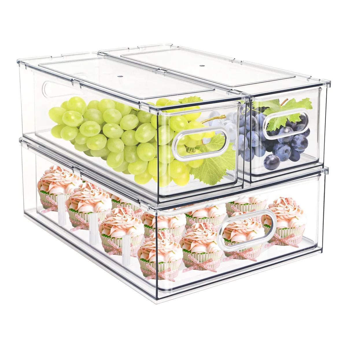 Three red plastic stackable fridge bins with handles, two small one large