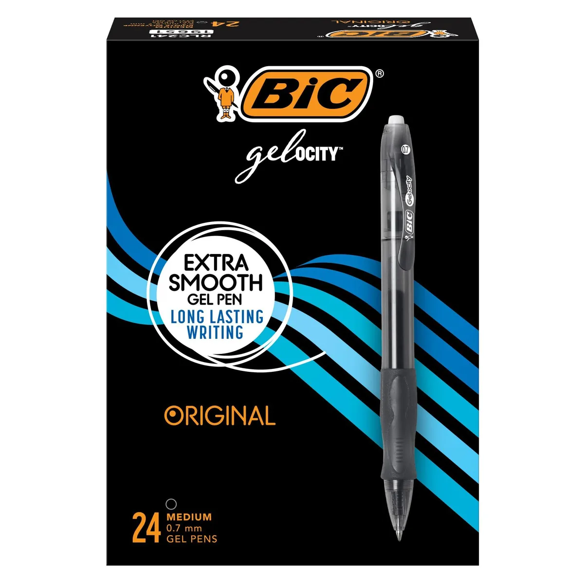 Box of 24 black retractable gel pens with translucent barrels