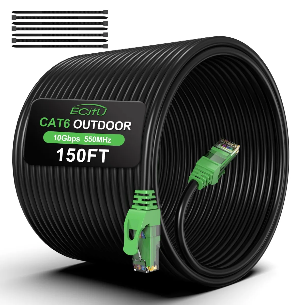  ecjtu Cat6 Outdoor Ethernet Cable 150FT 24AWG CCA Direct Burial Black-Green 25 Ties — product photo