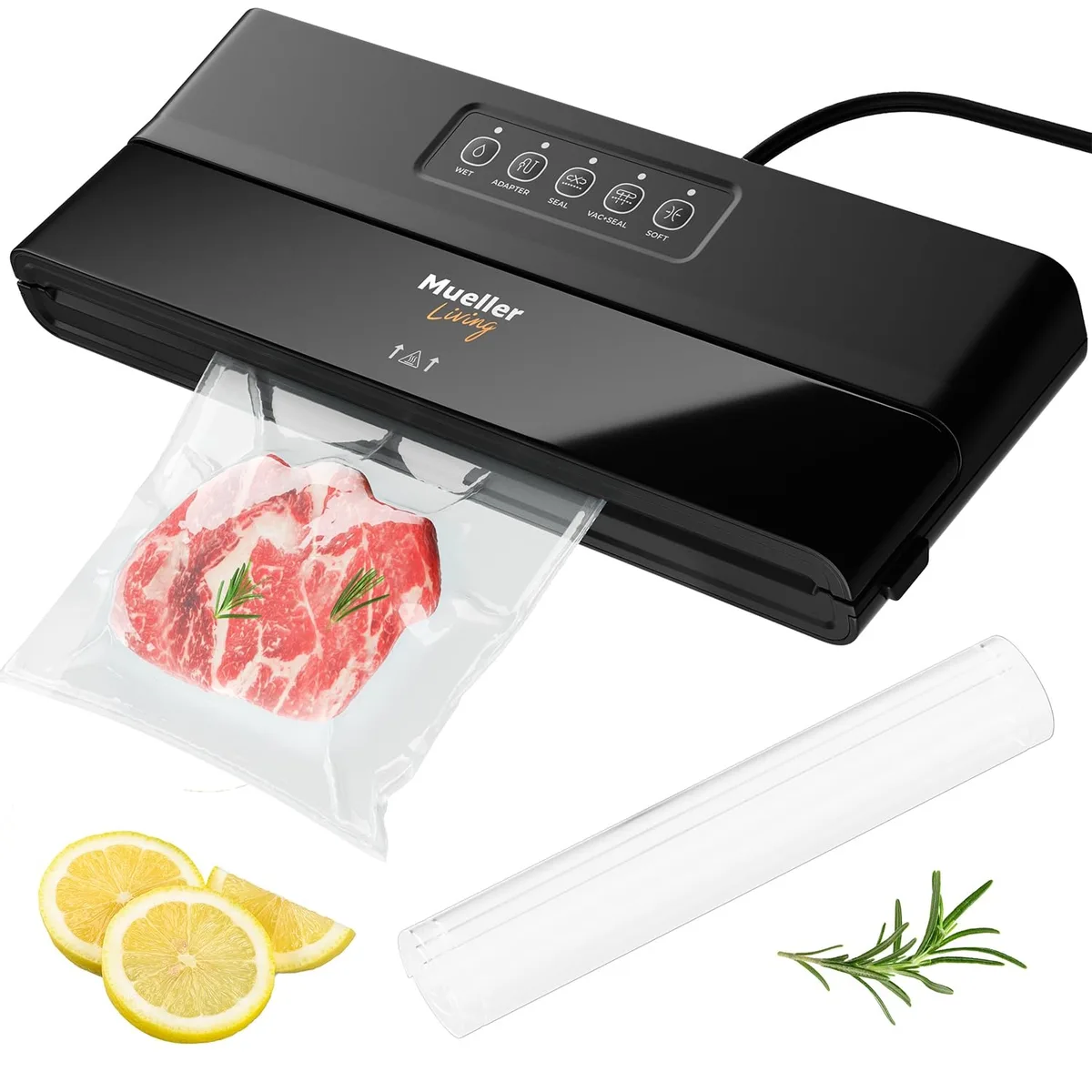 MuellerLiving Vacuum Sealer Machine, Compact Kit with Bags/Roll, LED Indicators, Black — product photo