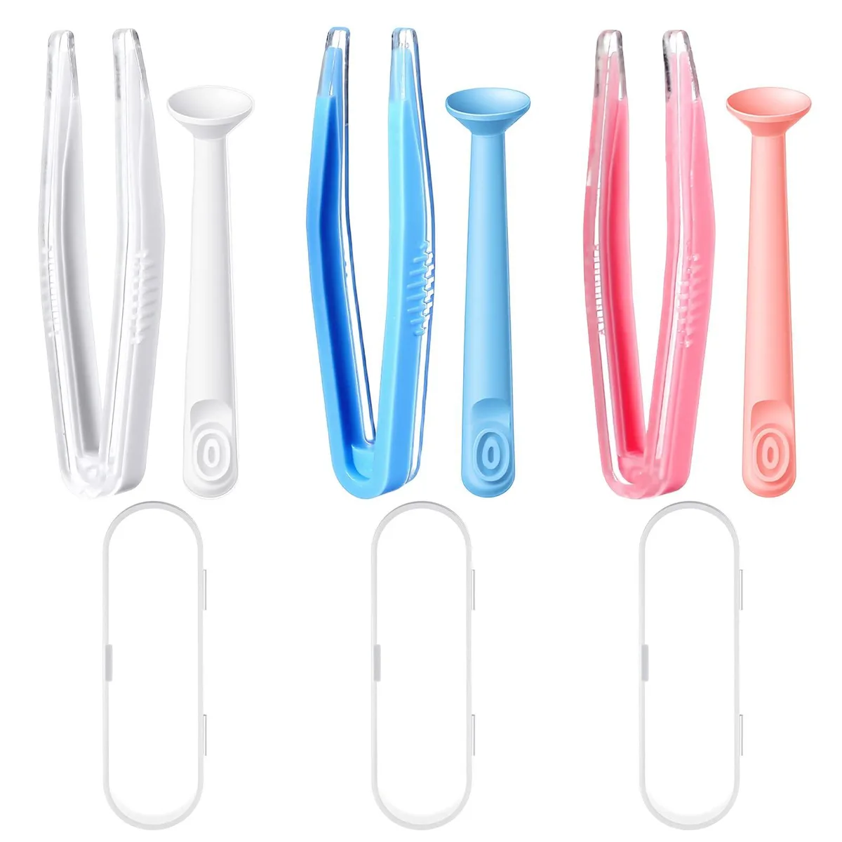 White, sky blue and pink plastic lens tools in a compact case with handle and wrist strap