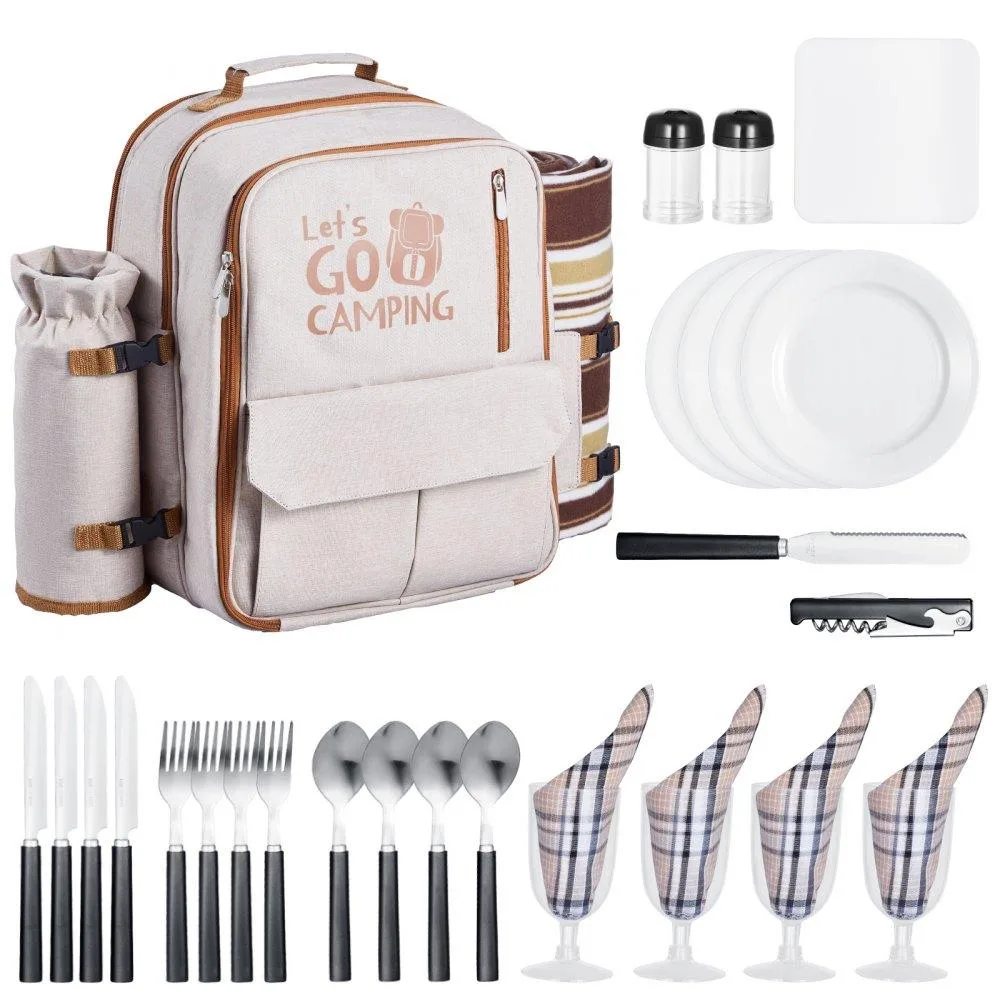 Beige fabric picnic backpack with insulated cooler compartment and detachable bottle holder