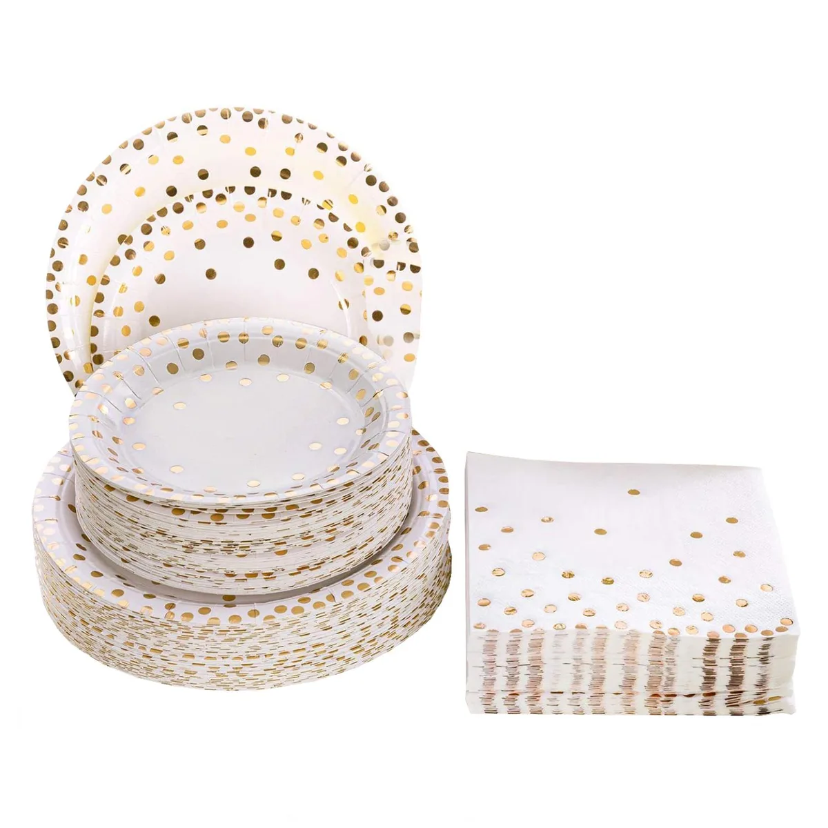 White paper plates and napkins with gold foil dots, 50 pack