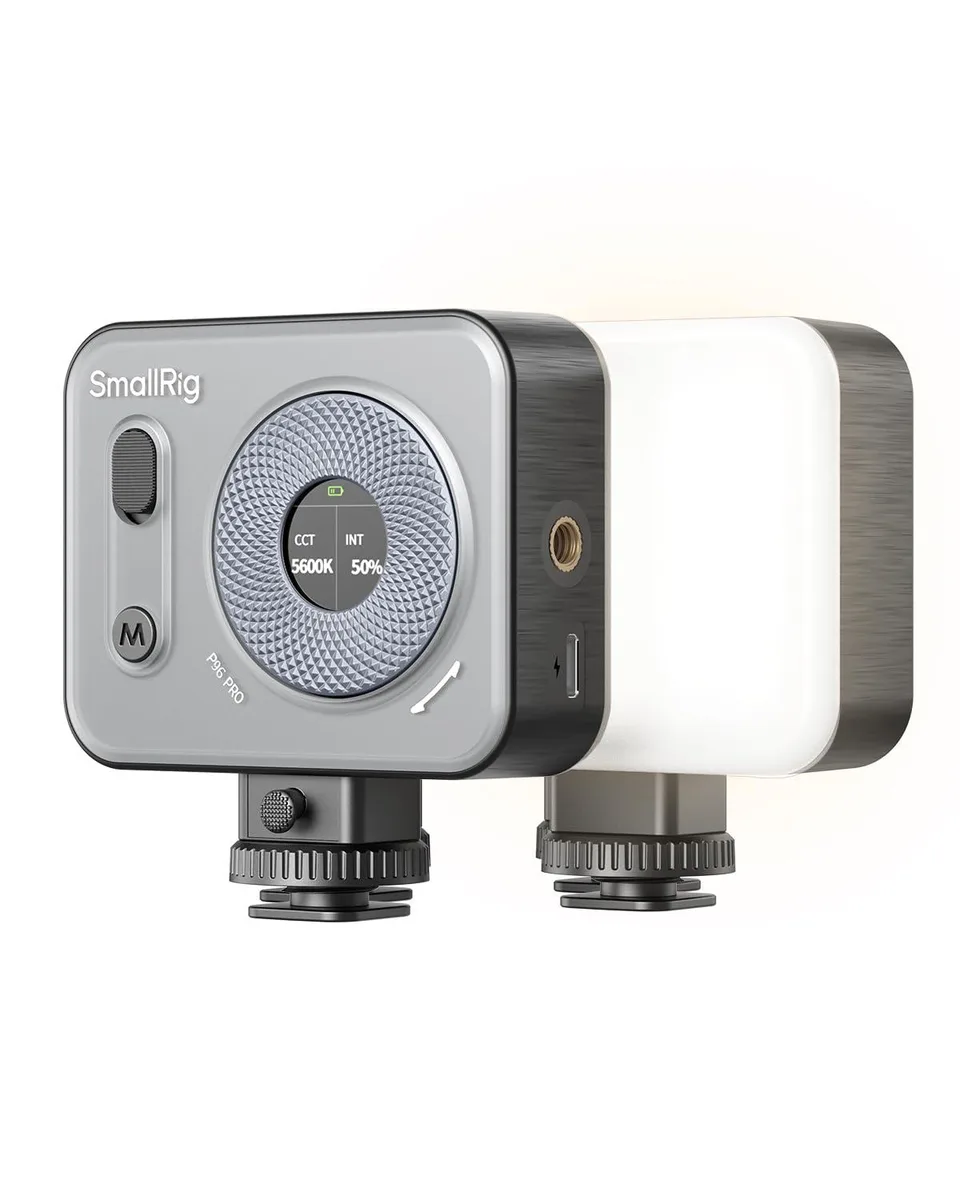 Compact black rectangular LED panel with LCD screen and cold shoe mount