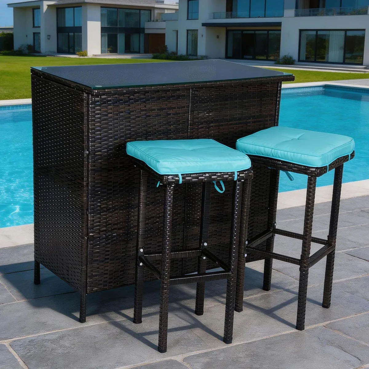 Blue wicker patio bar set with glass-top table and two cushioned stools