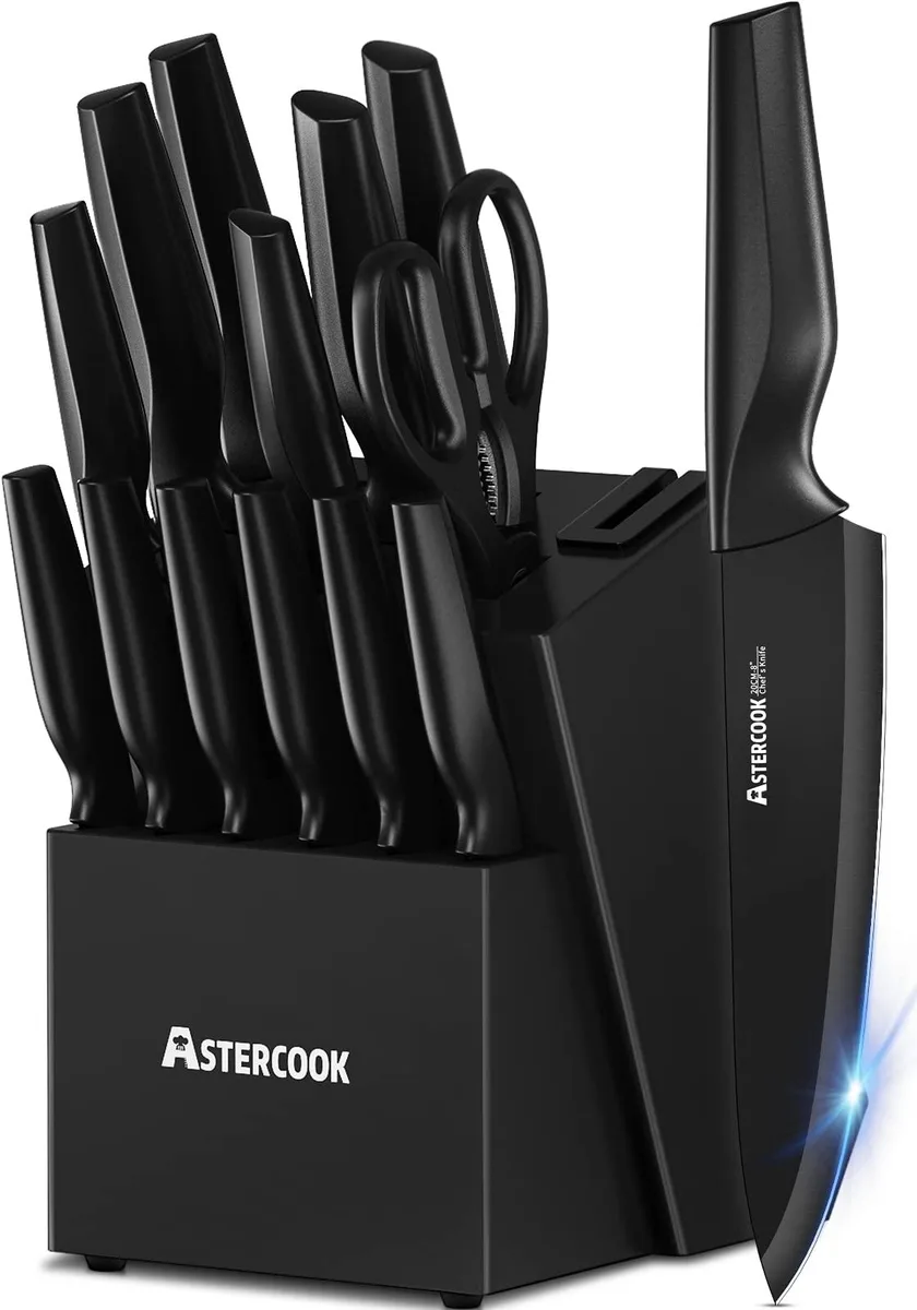 Black hardwood knife block with built-in sharpener holding 15 stainless steel knives and shears