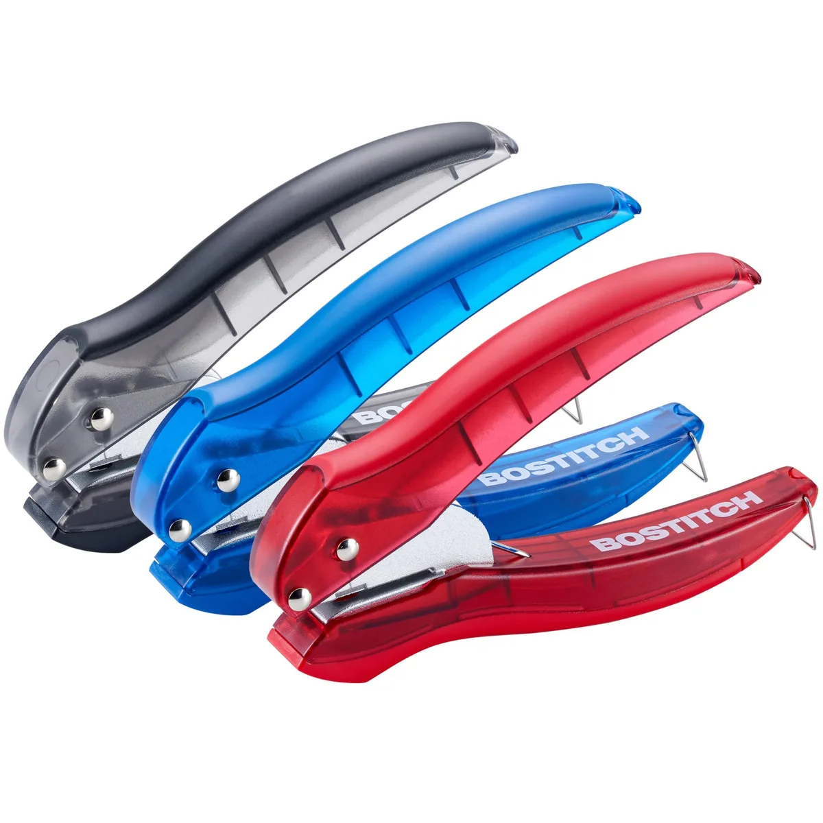Three compact single-hole punches in black red and blue with curved soft-grip handles and locking mechanism