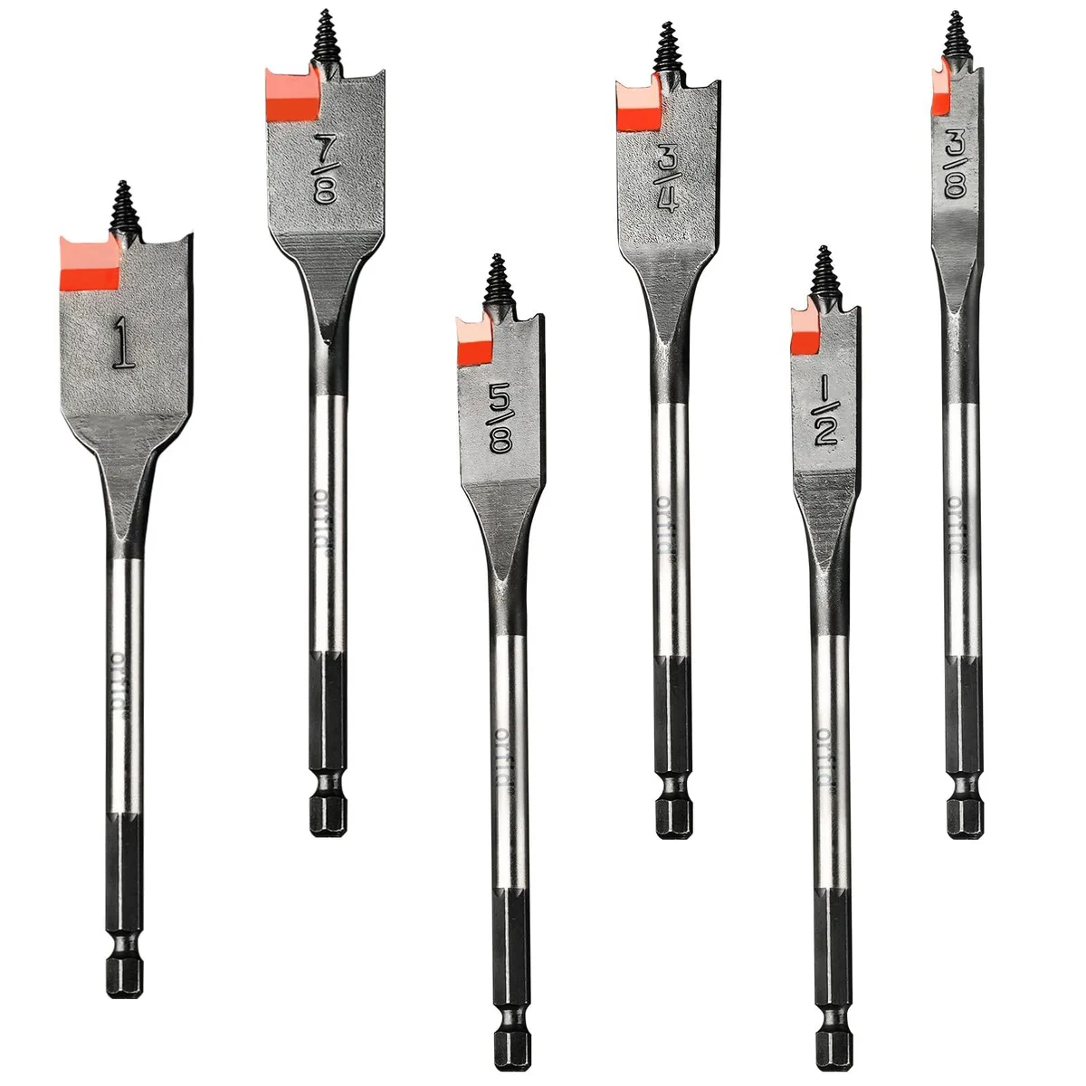 Six steel spade bits with threaded tips and hex shanks in a set