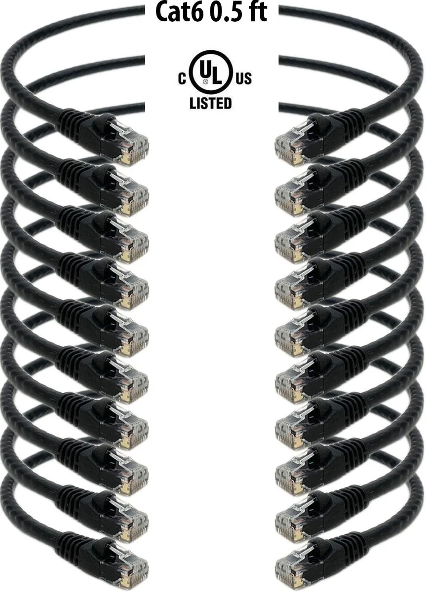 iMBAPrice iMBAPrice 10 Pack Cat6 Ethernet Network Cable .5ft Black 24AWG 50u Gold RJ45 — product photo