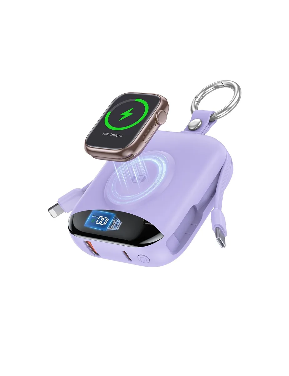 Purple rectangular power bank with built-in cables and pop-out finger ring