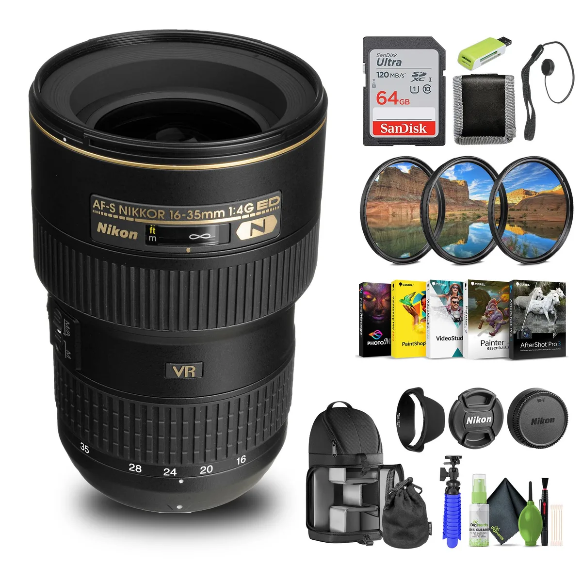 Nikon Inc Nikon AF-S NIKKOR 16-35mm f/4G ED VR Lens Bundle (2182) with 64GB Card, Filter Kit, Backpack, Tripod, Software — product photo