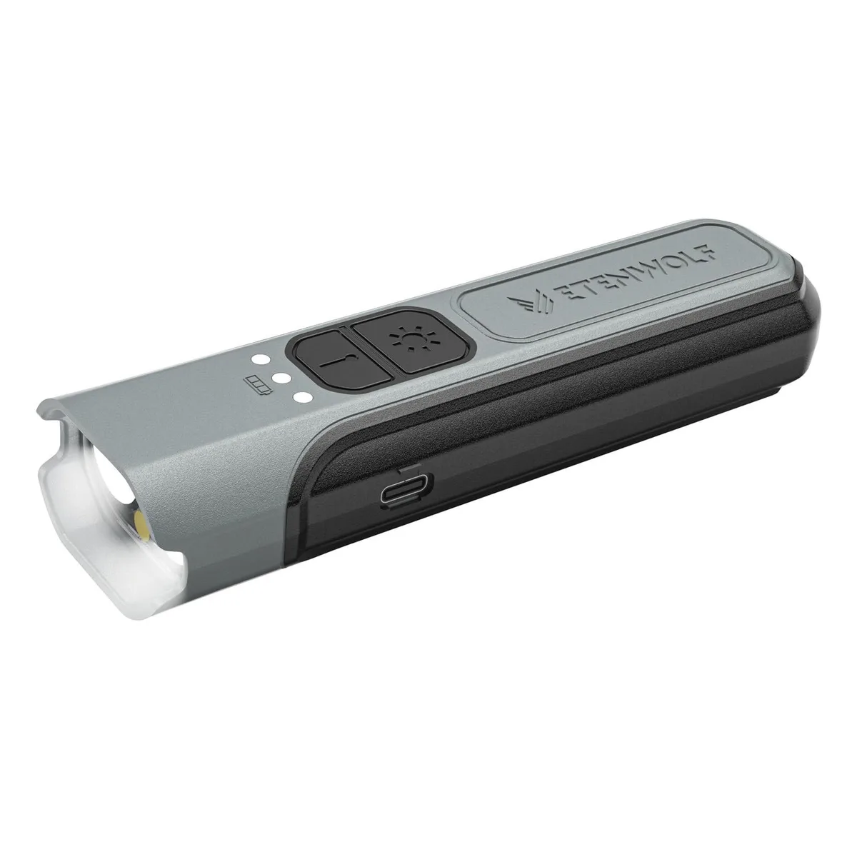 Grey rectangular flashlight with rubber grip and wrist strap