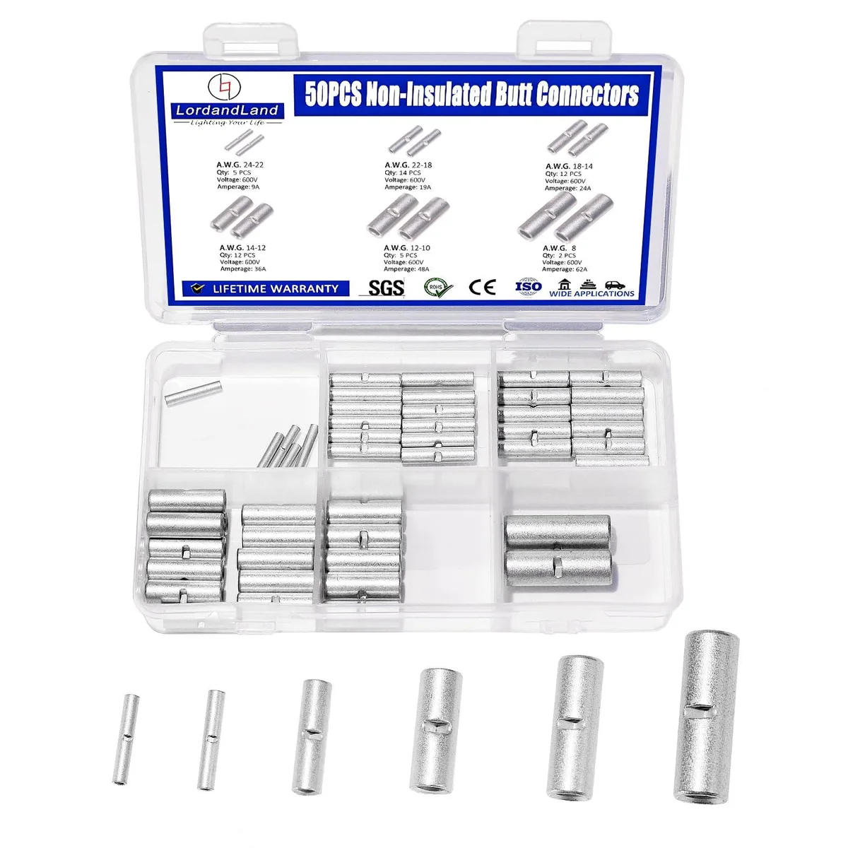  LordandLand Non Insulated Butt Connectors 24-8 AWG 50PCS UL Listed — product photo