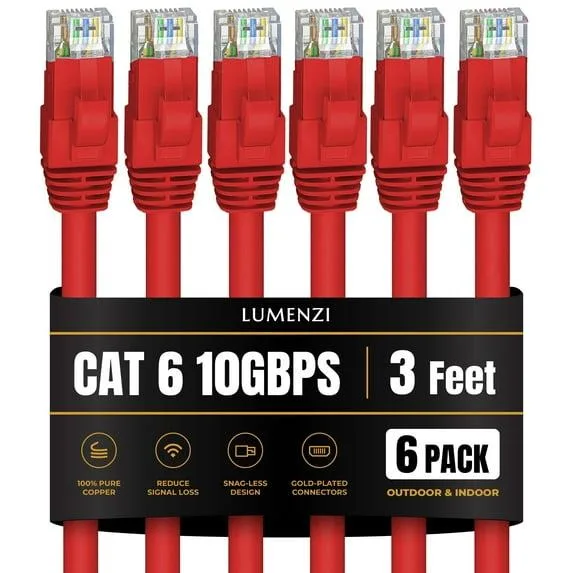 Lumenzi Lumenzi EC-6-3-RD-6 Cat 6 network ethernet cable 3 FT Red 6 Pack 10 Gbps 550 MHz — product photo