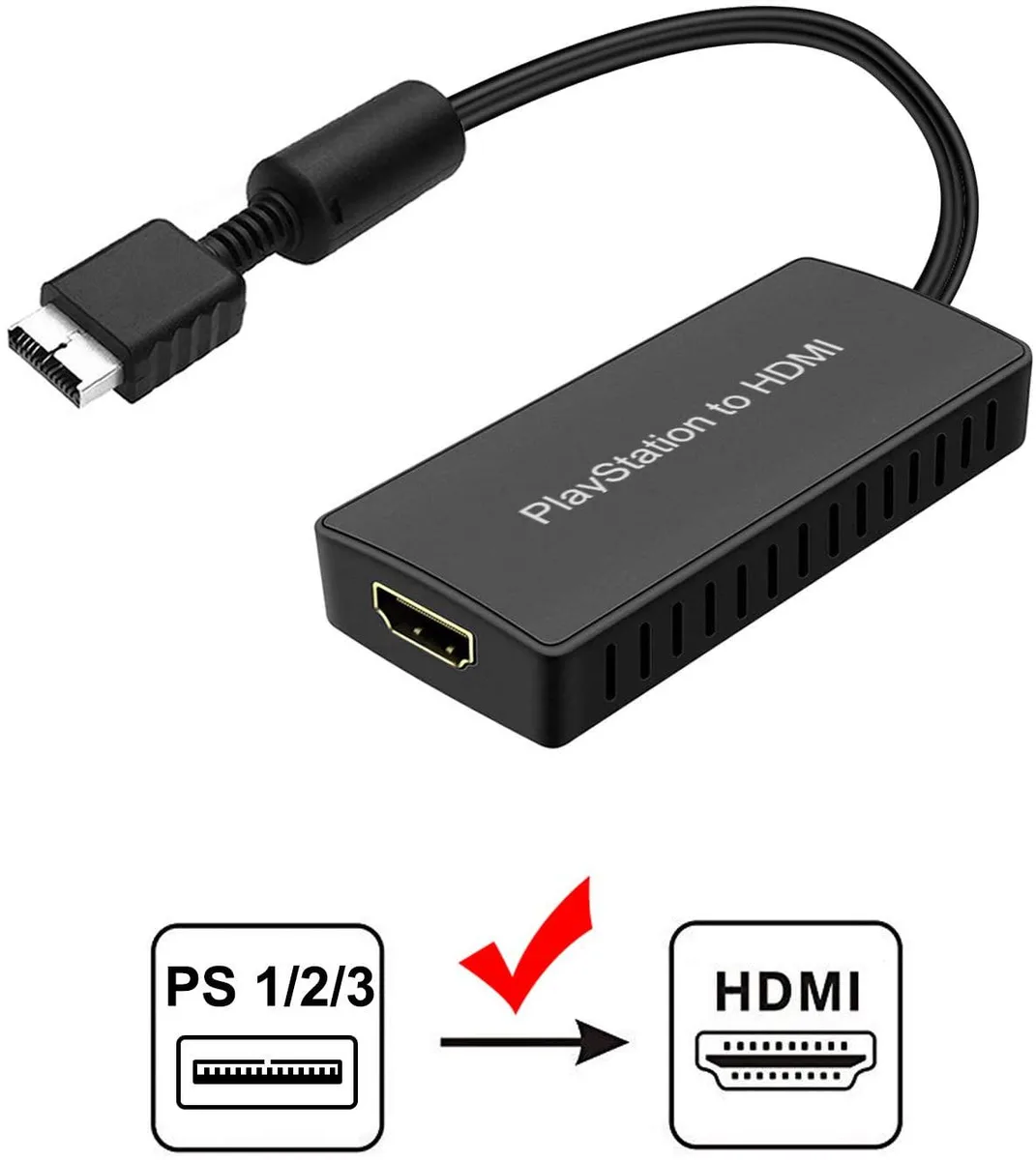 Small black converter box with PlayStation multi-out plug and HDMI port