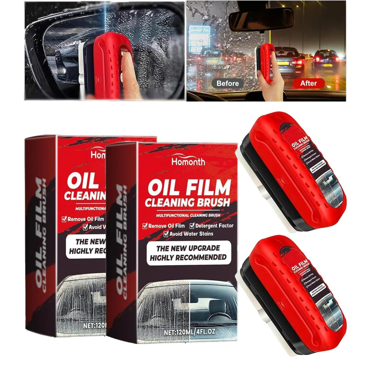Two white brush-top bottles of automotive oil film cleaner with hydrophobic coating