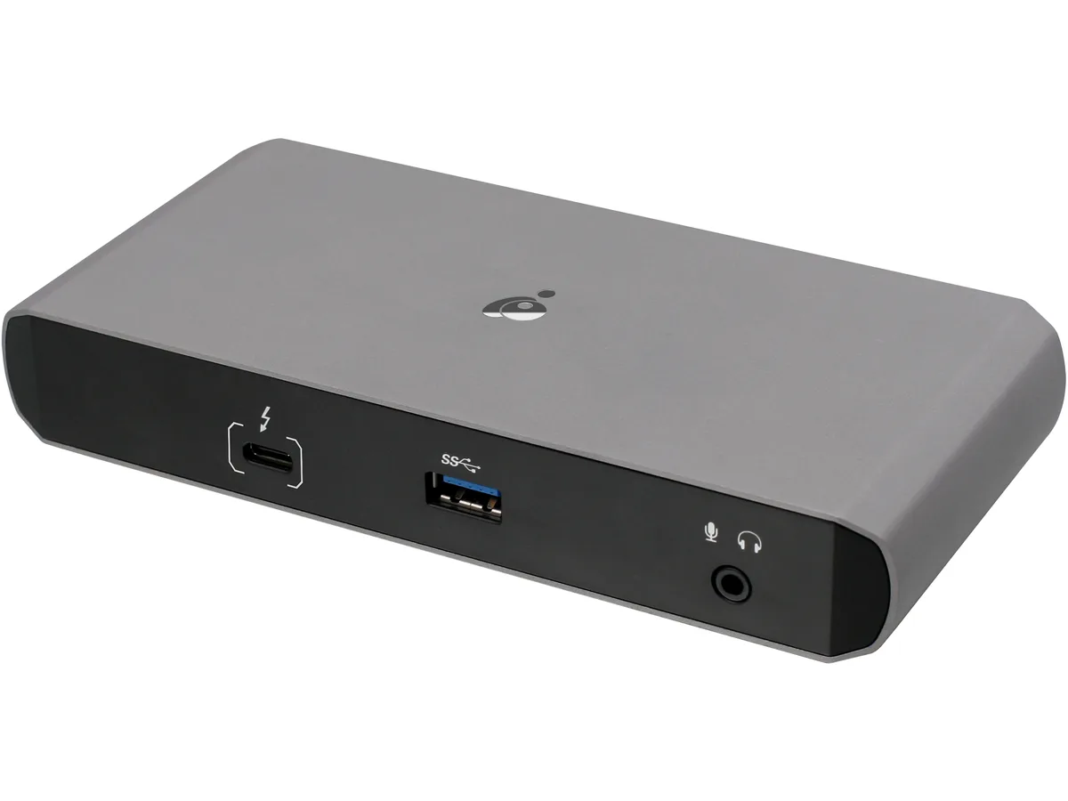 Compact gray Thunderbolt 3 docking station with multiple ports on front and back