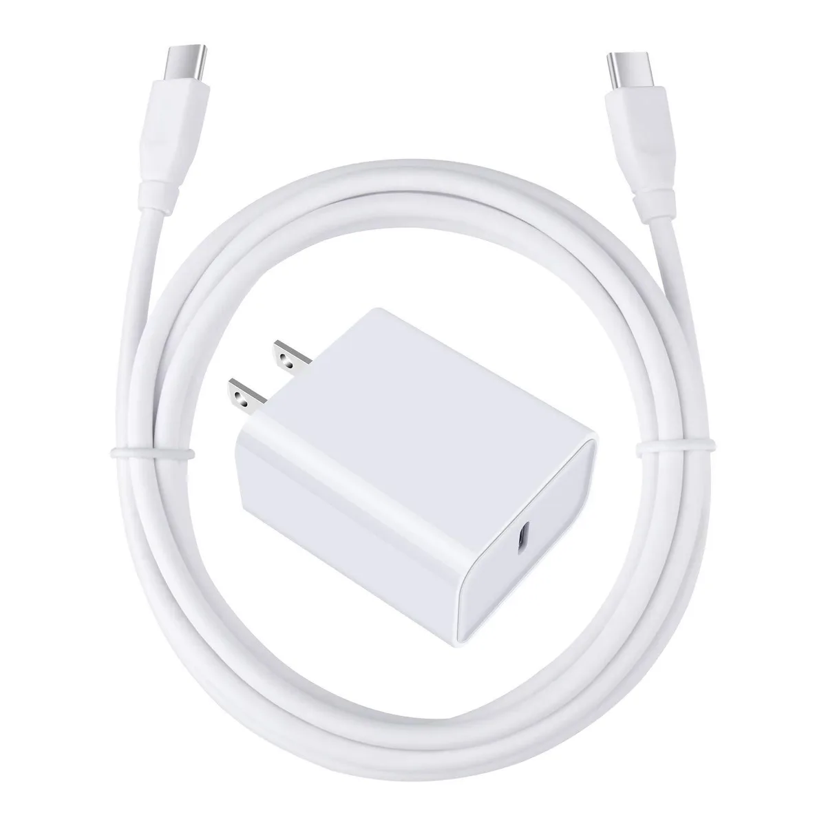 White rectangular USB-C wall charger with folding prongs beside a six-foot white USB-C to USB-C cable