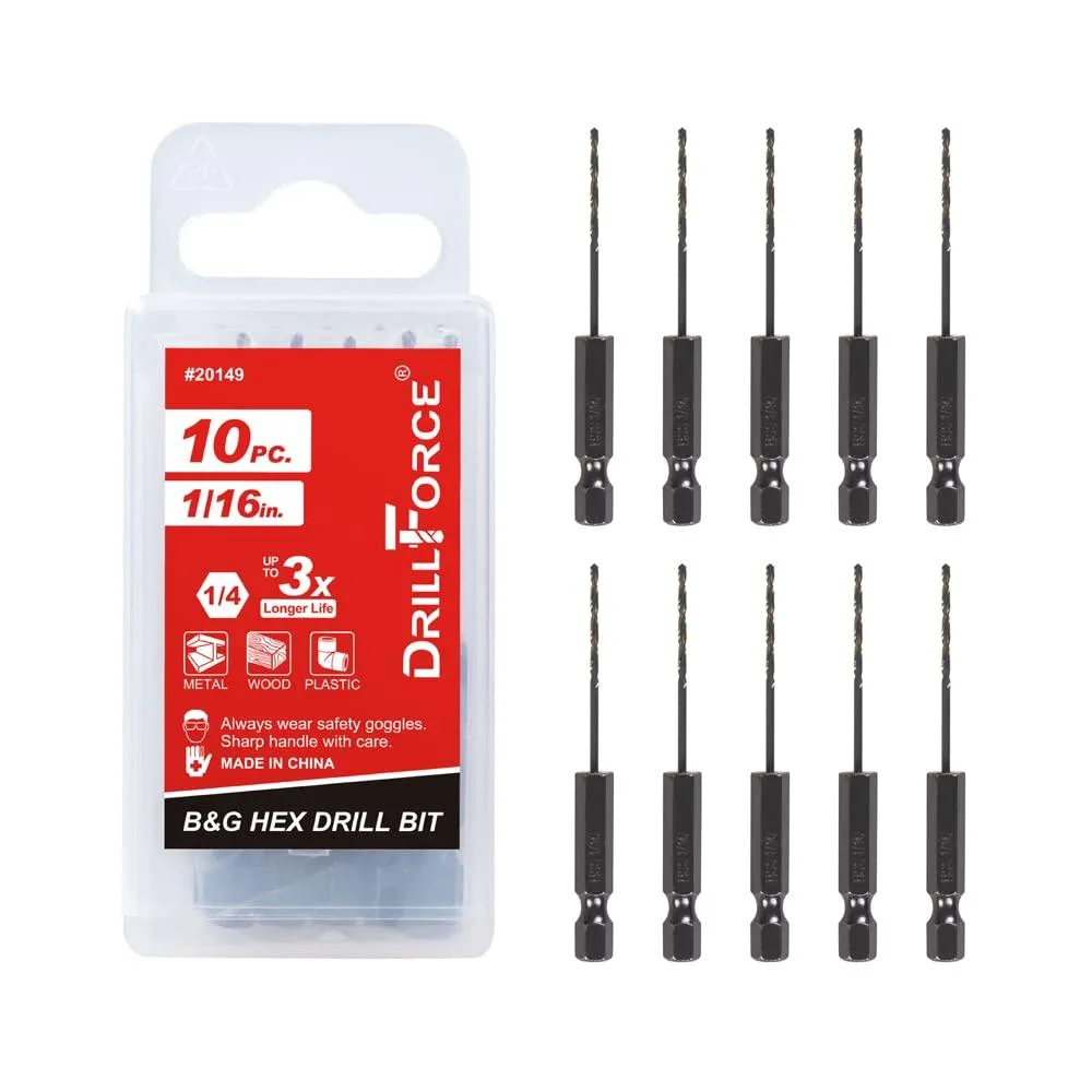 Ten 1/16 inch HSS black gold hex drill bits in plastic case