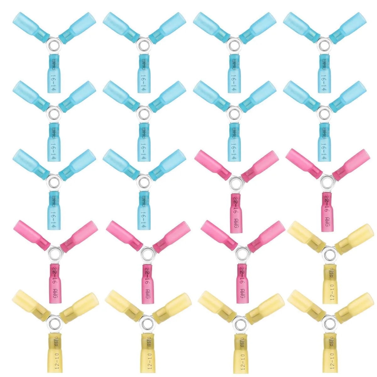 Twenty assorted heat-shrink butt connectors in blue yellow and red