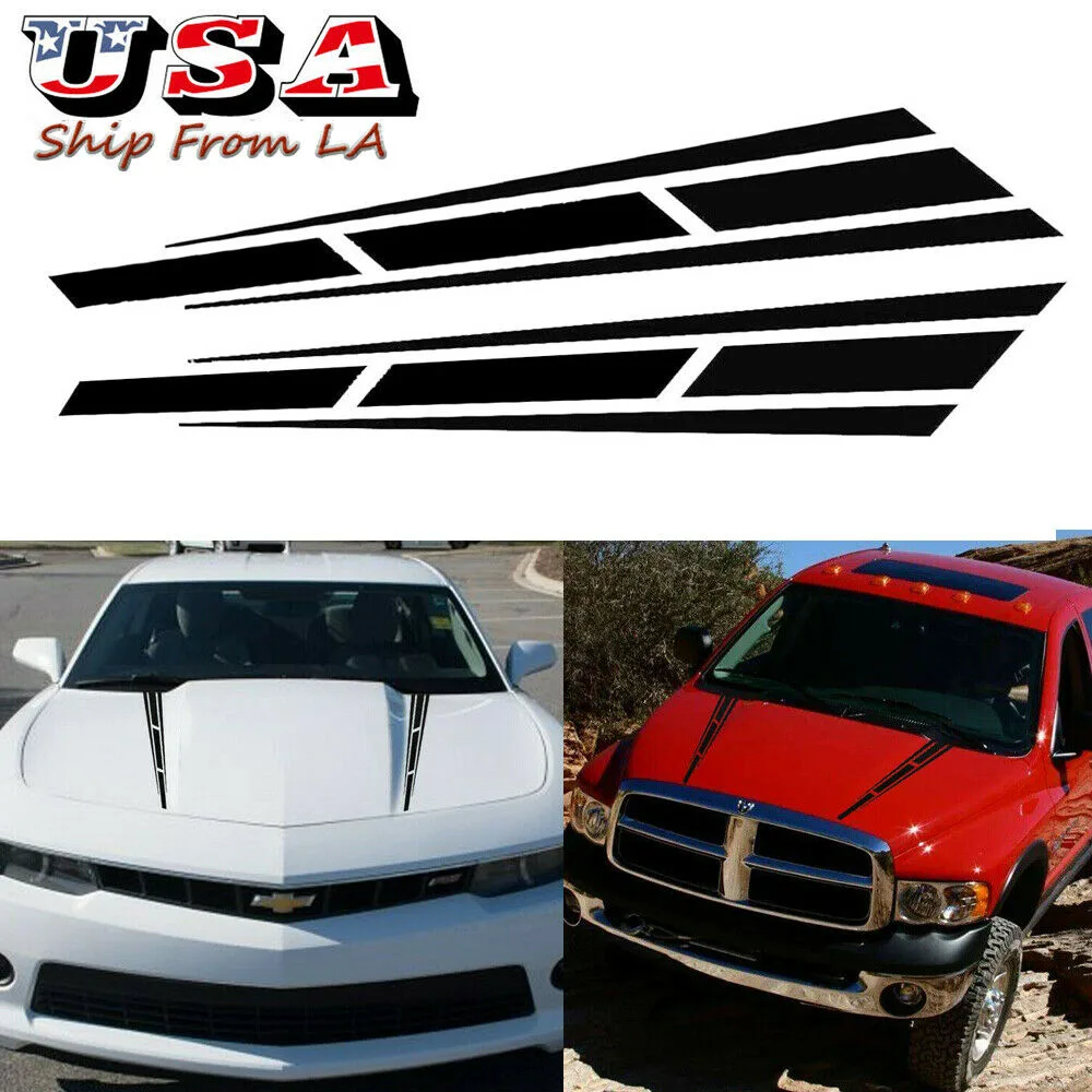 Two black vinyl hood stripes, 31.5 by 4.5 inches, reflective finish