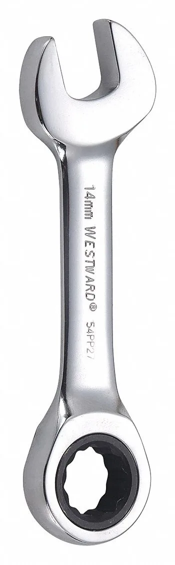 Chrome combination stubby wrench 14mm ratcheting head 4 3/8 inch overall length