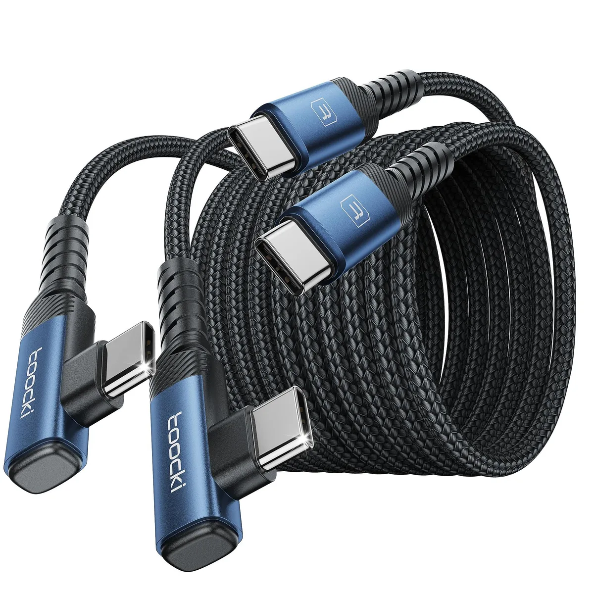 Orange USB-C to USB-C cable with right-angle connectors, nylon braid, three feet long