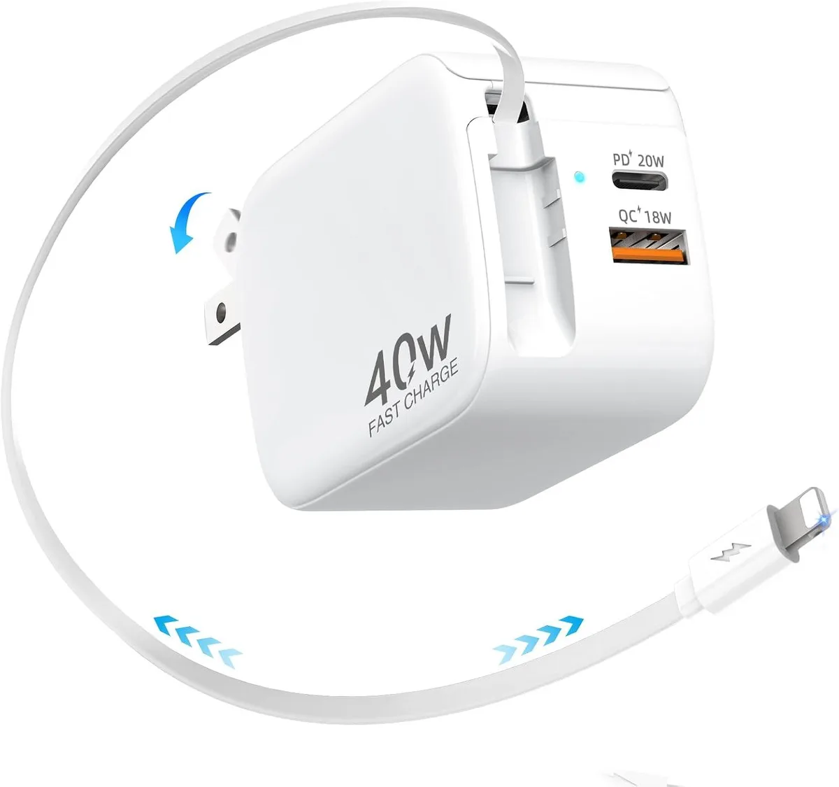 ONITOON ONITOON 40W Retractable Wall Charger 35.4in Lightning Cable 3-Port USB-C USB-A Foldable Plug — product photo