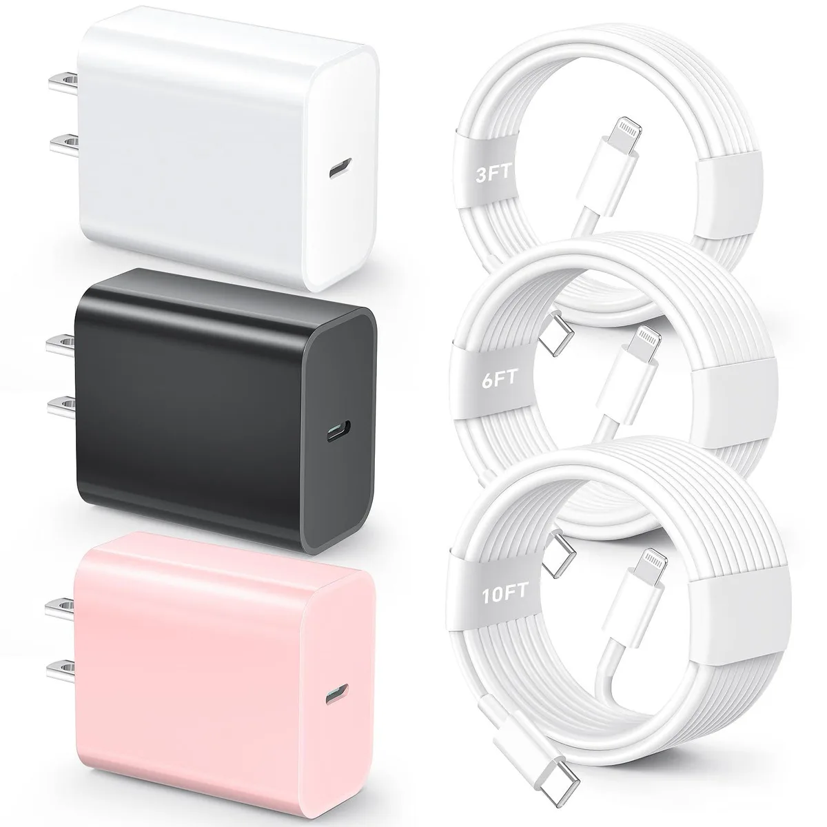 KEHIPI KEHIPI 20W USB-C charger with 3/6/10ft Lightning cables — product photo
