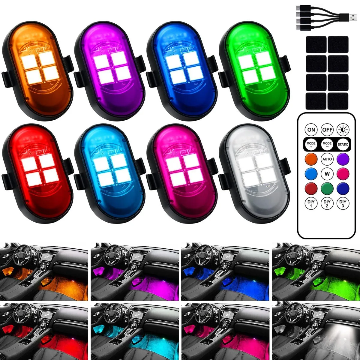  Upgraded Wireless LED Lights for Car 2026 4LED 8 Colors 12H Remote Control — product photo