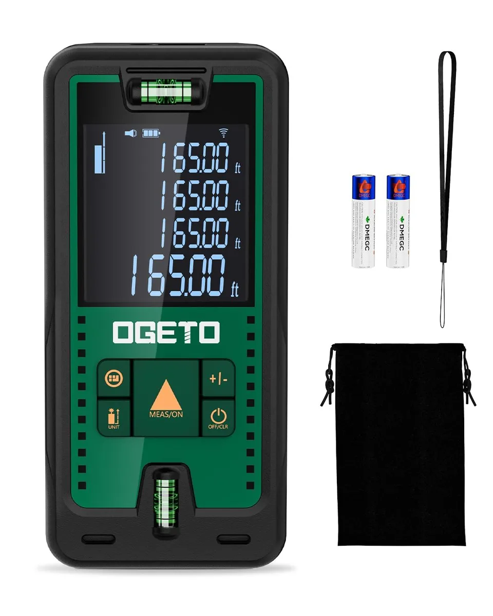 Compact blue ABS laser distance meter with dual bubble levels and backlit LCD display