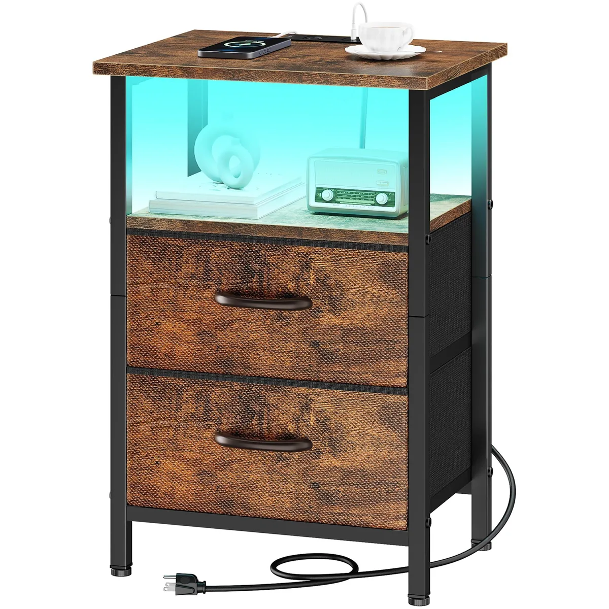 Rustic brown bedside table with LED lighting, two fabric drawers, open shelves and built-in charging ports