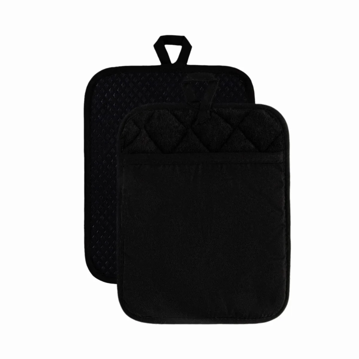 Two black rectangular pot holders with printed silicone grip on one side, quilted reverse, hanging loops