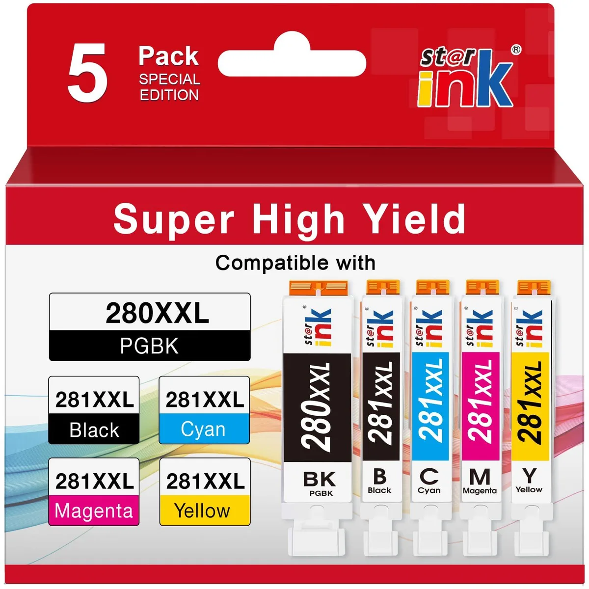 Five rectangular ink cartridges in black, cyan, magenta, yellow, and photo blue with gold contacts