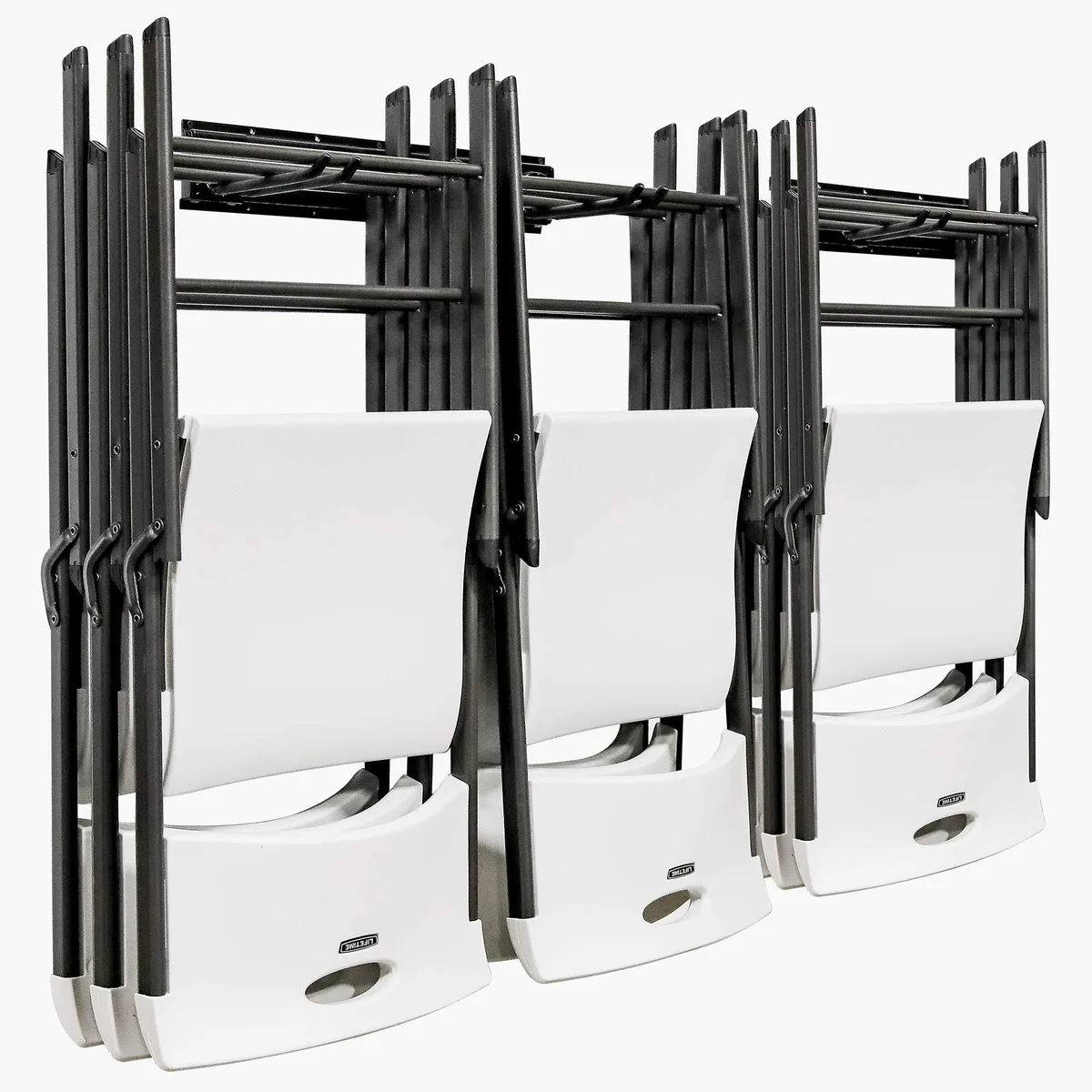 Black powder-coated steel wall rack with three rubber-coated hooks for folding chairs