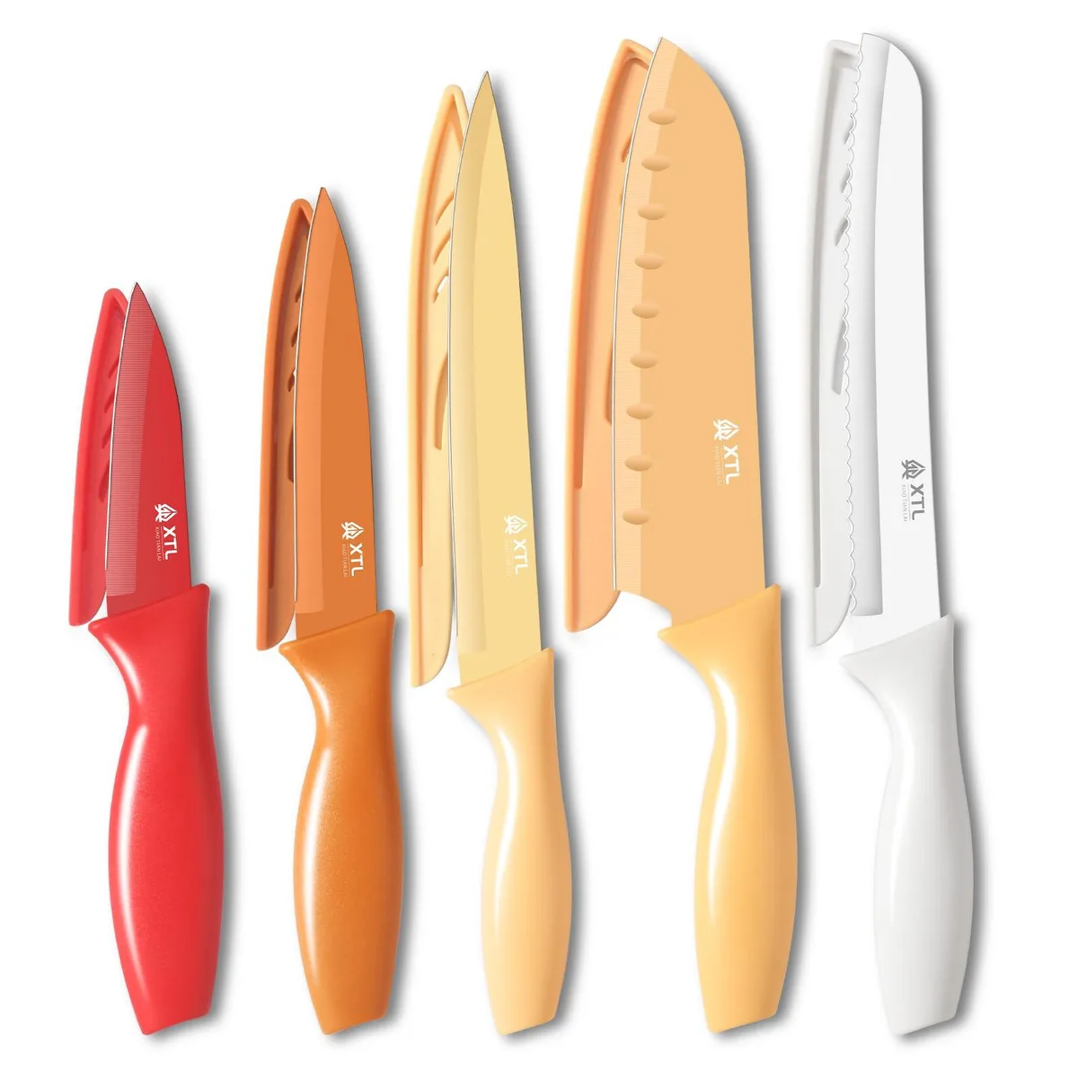 Five colorful stainless steel knives with matching blade guards and nylon handles