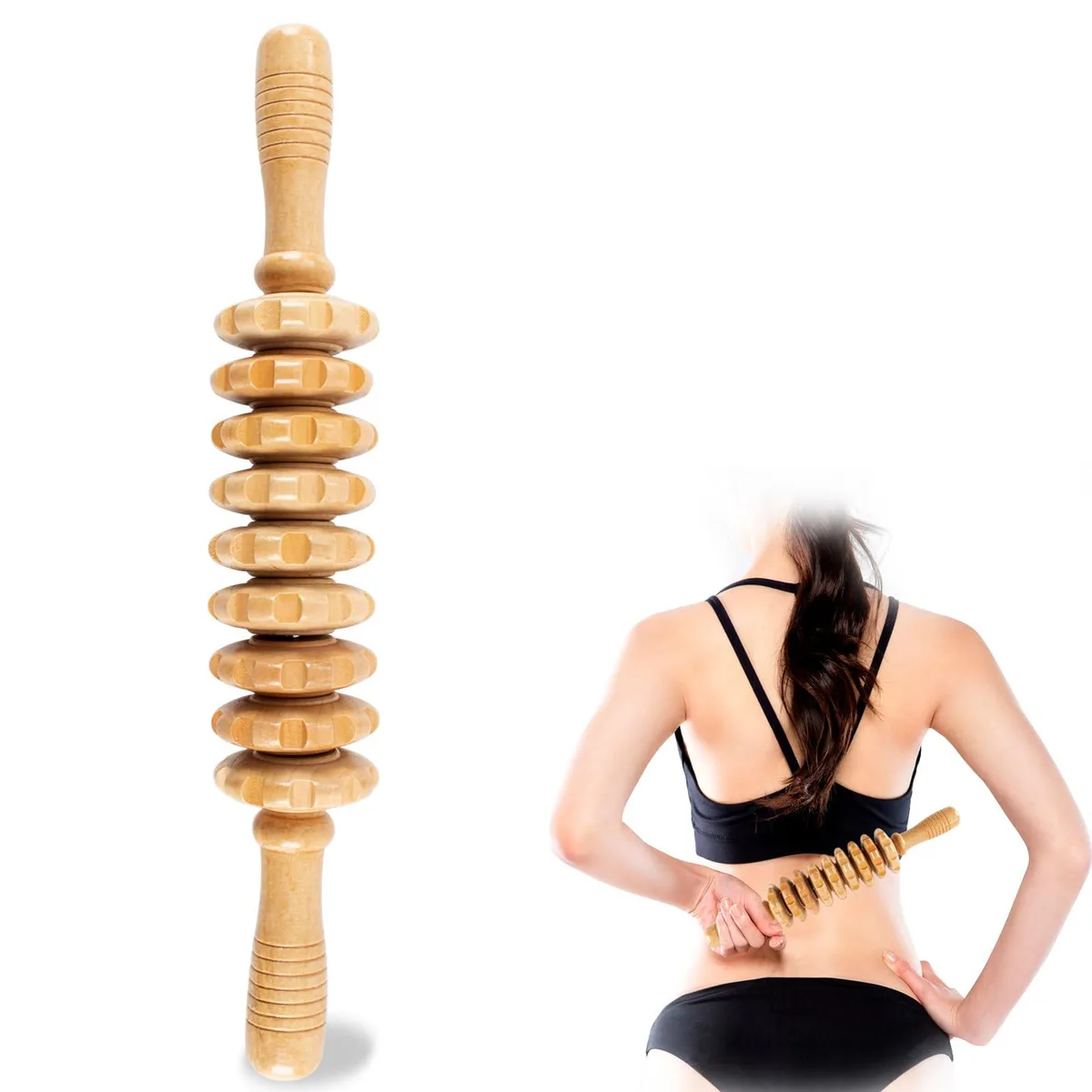 Wooden massage roller with nine independently rotating rollers, brown finish, 14.5 inches long