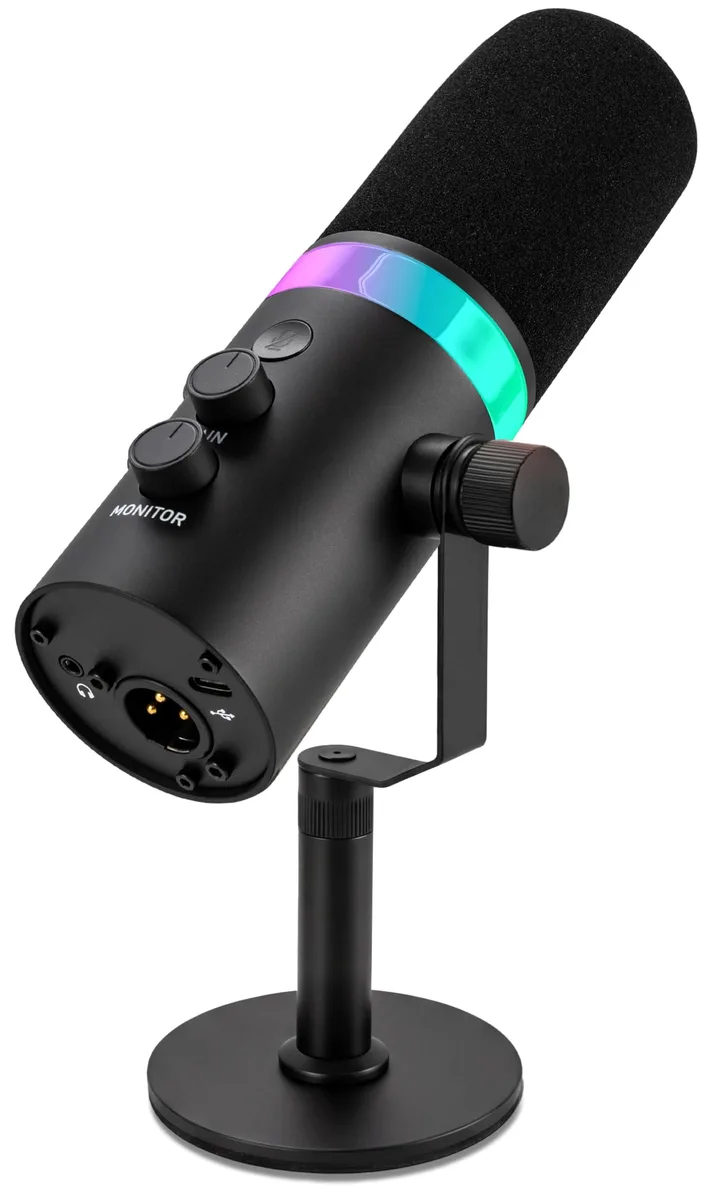 Black metal dynamic microphone on round desktop stand with USB-C and XLR ports