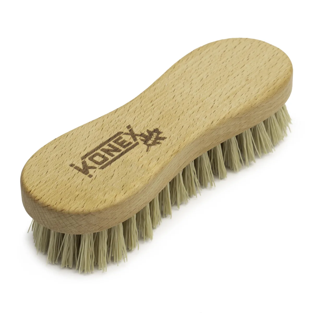 Two black peanut-shaped wooden scrub brushes with stiff angled bristles