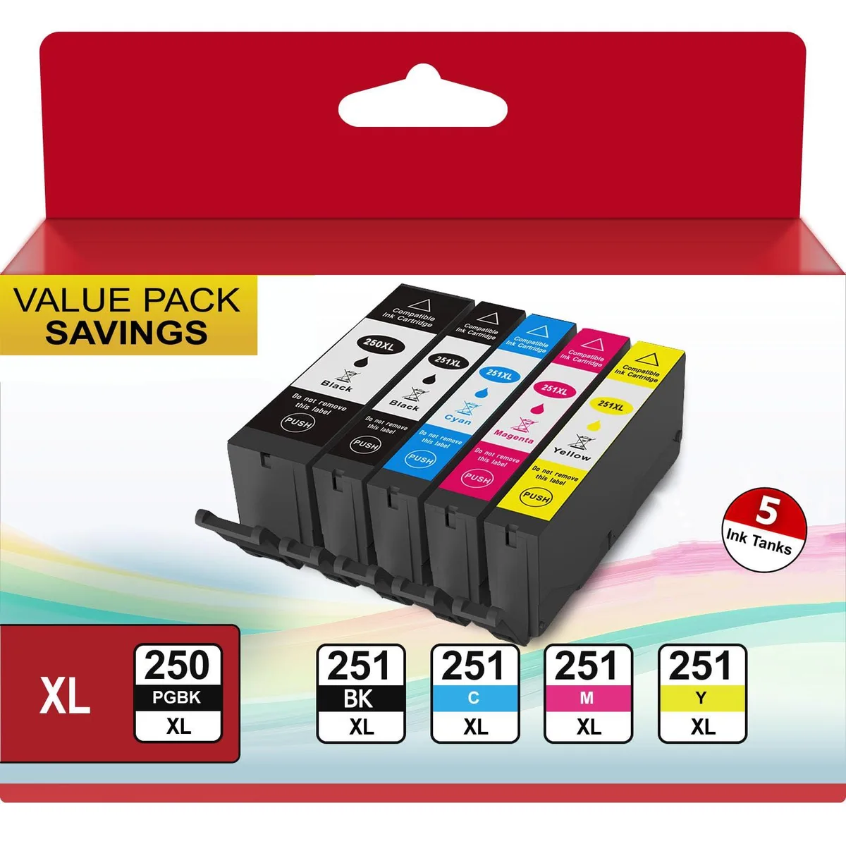 Five Canon-compatible ink cartridges in black cyan magenta yellow and photo black boxes