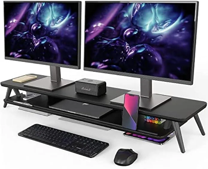 TAURKENAM TAURKENAM Dual Monitor Stand 42.5 Inch Wood Riser with Storage and Cable Management — product photo
